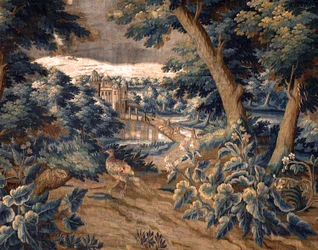 Flamandzki gobelin. wytrzymać. Koniec XVII-początek XVIII wieku. Własność kościoła Sint-Walburgakerk Oudenaarde (Dekenij van de Sint-Walburga). Szczegół.