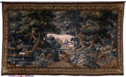 Flamandzki gobelin. wytrzymać. scena miłosna. Oudenaarde. Koniec XVII-początek XVIII wieku. Własność kościoła Sint-Walburgakerk Oudenaarde (Dekenij van de Sint-Walburga). Szczegół