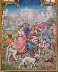 Fol.8v Miesiąc sierpień: Wyjazd na polowanie, z Breviarium Grimani, c.1515