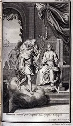 Merkury wysłany przez Jowisza do nimfy Kalipso. Ilustracja do księgi V Odysei Homera w Odysei, wydanej w Amsterdamie w 1731 r., Collection privee Milan.