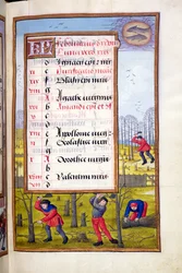 Ms 1058-1975 f2r Wycinanie drzew i krępowanie pedałów, podświetlana strona za luty, z Księgi Godzin, ok. 1500