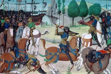 Ms 5089-90 Bitwa pod Hastings, 14 października 1066, z Chronique des Empereurs autorstwa Davida Auberta