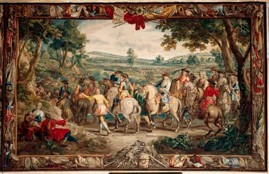 Pałac (Schlossanlage Schleißheim). Flamandzki gobelin. Atelier w Brukseli Judocus De Vos. Projekt Lamberta De Hondta. Marsz (La Marche). 400x640cm. Wełna i jedwab. Około 1715-1724.