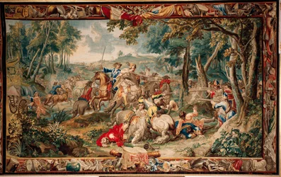 Pałac (Schlossanlage Schleißheim). Flamandzki gobelin. Atelier w Brukseli Judocus De Vos. Projekt Lamberta De Hondta. Zasadzka (zasadzka). 400x630cm. Wełna i jedwab. Około 1715-1724.
