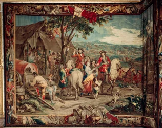 Pałac (Schlossanlage Schleißheim). Flamandzki gobelin. Atelier w Brukseli Judocus De Vos. Projekt Lamberta De Hondta. Obóz. Wełna i jedwab. 400x510cm. Około 1715-1724.