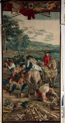 Pałac (Schlossanlage Schleißheim). Flamandzki gobelin. Atelier w Brukseli Judocus De Vos. Projekt Lamberta De Hondta. (Fachinada). 400x190cm. Wełna i jedwab. Około 1715-1724.