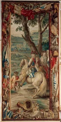 Pałac (Schlossanlage Schleissheim). Flamandzki gobelin. Brukselskie studio Judocus De Vos. Projekt Lamberta De Hondta. Maksymilian II Emanuel (Maksymilian Emanuel i dwóch piechurów). 400x175cm. Wełna i jedwab. ok. 1715-1724.