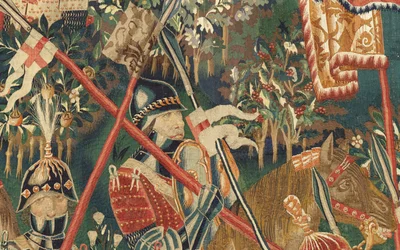 Muzeum Parafialne Gobelinów (Muzeum Parafialne Gobelinów z Pastrany). Flamandzki gobelin. Conquest of Tanger (Zdobywanie Tangeru, De inname van Tanger). Seria Podboje króla Portugalii Alfonsa I. Turniej. Wełna i jedwab