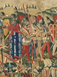 Muzeum Parafialne Gobelinów (Pastrana Parafialne Muzeum Gobelinów). Flamandzki gobelin. Lądowanie w Arzila (Lądowanie w Arzila, Desembarco i Arzila). Seria Podboje króla Portugalii Alfonsa I (Podboje króla Portugalii Alfonsa V). Turniej. Wełna