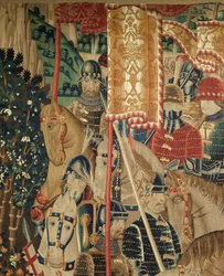 Muzeum Parafialne Gobelinów (Muzeum Parafialne Gobelinów Pastrana). Flamandzki gobelin. Conquest of Tanger (Zdobywanie Tangeru, De inname van Tanger). Seria Podboje króla Portugalii Alfonsa I. Turniej. Wełna i jedwab