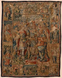 Muzeum Parafialne Gobelinów (Museo Parroquial de Tapices de Pastrana). Flamandzki gobelin. Młody Aleksander do swojego ojca Filipa (El joven Alejandro ante su padre Filipo). Bruksela. 16 wiek. 328x407cm.