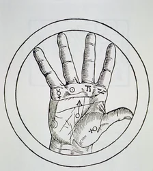 Pozycja planet po prawej stronie, kopia ilustracji z De Occulta Philosophia Libri III autorstwa Henricusa Corneliusa Agrippy, Antwerpia 1533, wykorzystana w Historii magii, wydanej pod koniec XIX wieku