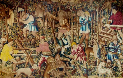 Sceny żniw i drwala. Gobelin Szkoły Flamandzkiej. Turniej. XV-wieczny Paryż, sztuka dekoracyjna