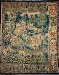 Gobelin. Enghien. Tekst „NADZIEJA ZWYCIĘŻY CROY 1589”.