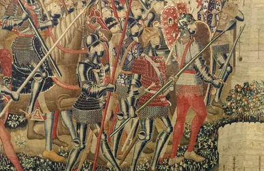 Gobelin przedstawiający podboje króla Portugalii Alfonsa V (Conquistas de Alfonso V de Portugal), Tournai. Szczegół. (Wełna i jedwab)