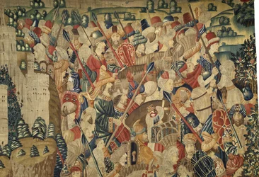 Gobelin przedstawiający podboje króla Portugalii Alfonsa V (Conquistas de Alfonso V de Portugal), Tournai. Szczegół. (Wełna i jedwab)