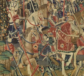 Gobelin przedstawiający podboje króla Portugalii Alfonsa V (Conquistas de Alfonso V de Portugal), Tournai. Szczegół. (Wełna i jedwab)