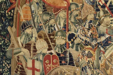 Gobelin przedstawiający podboje króla Portugalii Alfonsa V (Conquistas de Alfonso V de Portugal), Tournai. Szczegół. (Wełna i jedwab)
