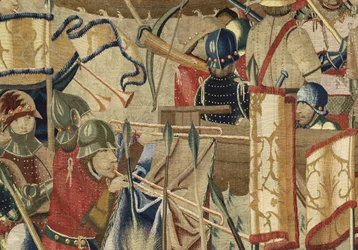 Gobelin przedstawiający podboje króla Portugalii Alfonsa V (Conquistas de Alfonso V de Portugal), Tournai. Szczegół. (Wełna i jedwab)
