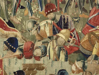 Gobelin przedstawiający podboje króla Portugalii Alfonsa V (Conquistas de Alfonso V de Portugal), Tournai. Szczegół. (Wełna i jedwab)