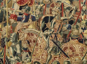 Gobelin przedstawiający podboje króla Portugalii Alfonsa V (Conquistas de Alfonso V de Portugal), Tournai. Szczegół. (Wełna i jedwab)