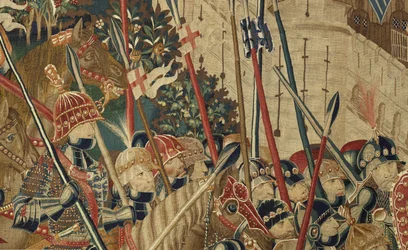 Gobelin przedstawiający podboje króla Portugalii Alfonsa V (Conquistas de Alfonso V de Portugal), Tournai. Szczegół. (Wełna i jedwab)
