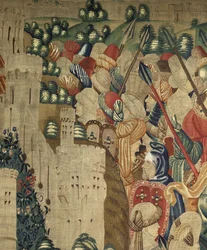 Gobelin przedstawiający podboje króla Portugalii Alfonsa V (Conquistas de Alfonso V de Portugal), Tournai. Szczegół. (Wełna i jedwab)