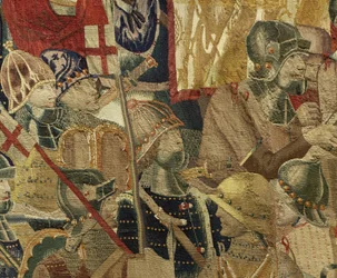 Gobelin przedstawiający podboje króla Portugalii Alfonsa V (Conquistas de Alfonso V de Portugal), Tournai. Szczegół. (Wełna i jedwab)