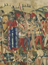 Gobelin przedstawiający podboje króla Portugalii Alfonsa V (Conquistas de Alfonso V de Portugal), Tournai. Szczegół. (Wełna i jedwab)