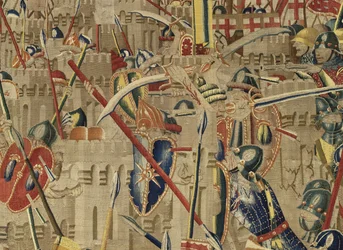 Gobelin przedstawiający podboje króla Portugalii Alfonsa V (Conquistas de Alfonso V de Portugal), Tournai. Szczegół. (Wełna i jedwab)