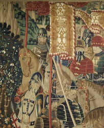 Gobelin przedstawiający podboje króla Portugalii Alfonsa V (Conquistas de Alfonso V de Portugal), Tournai. Szczegół. (Wełna i jedwab)
