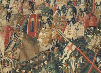 Gobelin przedstawiający podboje króla Portugalii Alfonsa V (Conquistas de Alfonso V de Portugal), Tournai. Szczegół. (Wełna i jedwab)