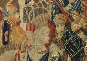 Gobelin przedstawiający podboje króla Portugalii Alfonsa V (Conquistas de Alfonso V de Portugal), Tournai. Szczegół. (Wełna i jedwab)
