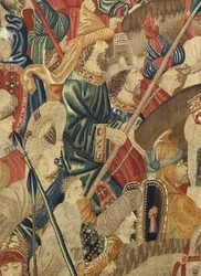 Gobelin przedstawiający podboje króla Portugalii Alfonsa V (Conquistas de Alfonso V de Portugal), Tournai. Szczegół. (Wełna i jedwab)