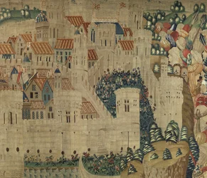 Gobelin przedstawiający podboje króla Portugalii Alfonsa V (Conquistas de Alfonso V de Portugal), Tournai. Szczegół. (Wełna i jedwab)