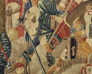 Gobelin przedstawiający podboje króla Portugalii Alfonsa V (Conquistas de Alfonso V de Portugal), Tournai. Szczegół. (Wełna i jedwab)