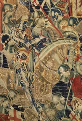Gobelin przedstawiający podboje króla Portugalii Alfonsa V (Conquistas de Alfonso V de Portugal), Tournai. Szczegół. (Wełna i jedwab)