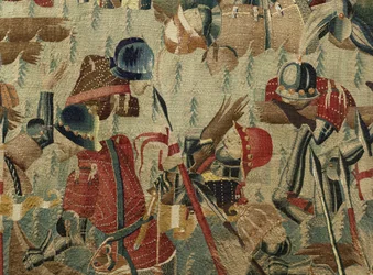 Gobelin przedstawiający podboje króla Portugalii Alfonsa V (Conquistas de Alfonso V de Portugal), Tournai. Szczegół. (Wełna i jedwab)