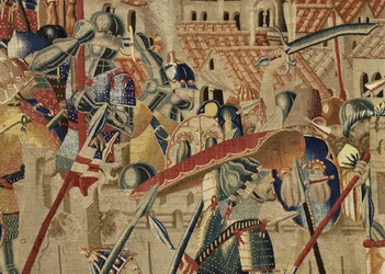 Gobelin przedstawiający podboje króla Portugalii Alfonsa V (Conquistas de Alfonso V de Portugal), Tournai. Szczegół. (Wełna i jedwab)