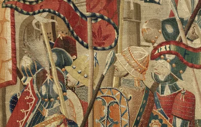 Gobelin przedstawiający podboje króla Portugalii Alfonsa V (Conquistas de Alfonso V de Portugal), Tournai. Szczegół. (Wełna i jedwab)