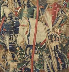 Gobelin przedstawiający podboje króla Portugalii Alfonsa V (Conquistas de Alfonso V de Portugal), Tournai. Szczegół. (Wełna i jedwab)