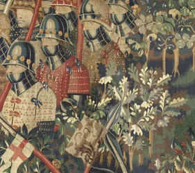 Gobelin przedstawiający podboje króla Portugalii Alfonsa V (Conquistas de Alfonso V de Portugal), Tournai. Szczegół. (Wełna i jedwab)