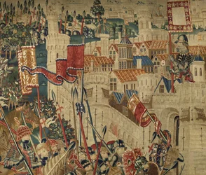 Gobelin przedstawiający podboje króla Portugalii Alfonsa V (Conquistas de Alfonso V de Portugal), Tournai. Szczegół. (Wełna i jedwab)