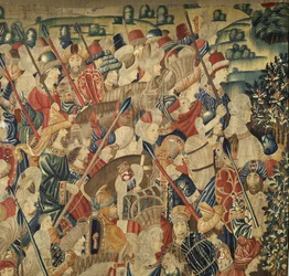 Gobelin przedstawiający podboje króla Portugalii Alfonsa V (Conquistas de Alfonso V de Portugal), Tournai. Szczegół. (Wełna i jedwab)