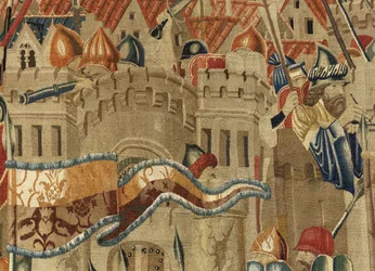 Gobelin przedstawiający podboje króla Portugalii Alfonsa V (Conquistas de Alfonso V de Portugal), Tournai. Szczegół. (Wełna i jedwab)