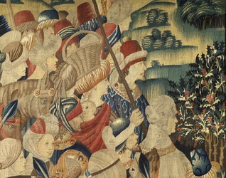 Gobelin przedstawiający podboje króla Portugalii Alfonsa V (Conquistas de Alfonso V de Portugal), Tournai. Szczegół. (Wełna i jedwab)