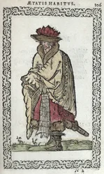 Moskal, ilustracja z Nawyki i portrety prawie wszystkich narodów i narodów współczesnych J. Sluperjiego, wydana w Antwerpii w 1572 r. (kolorowy drzeworyt)