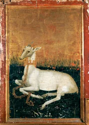 Dyptyk z Wilton, detal, prawa strona: biały orzeł, godło króla Ryszarda II (tempera jajowa na dębie)