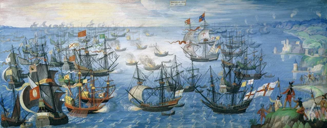 Wodowanie angielskich statków strażackich na hiszpańskiej flocie u wybrzeży Calais z królową Elżbietą I (1533-1603) na koniu na brzegu, w nocy 7 sierpnia 1588 r. ok. 1605 r. (gwasz na welinie wzmocniony