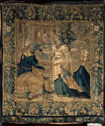 Zbiory uniwersyteckie. Flamandzki gobelin. Córki Jetro opowiadają ojcu o spotkaniu z Mojżeszem. Oudenaarde. ok. 1550.